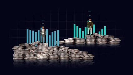 Wall Mural - Pile of coins and miniature people with graphs. Concept on income inequality.
