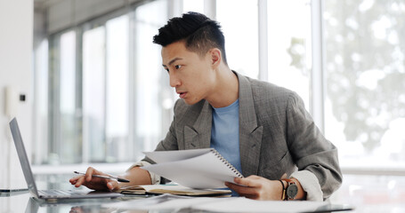 Poster - Businessman, writing report and documents with business plan proposal in conference room and company strategy in Japan. Employee focus, Asian man working with notes and pen, development and growth