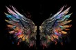 on a black background, angel wings painted with bright colors Generative AI