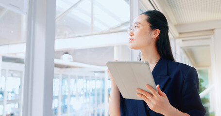 Poster - Business woman, tablet and thinking with focus, technology and company communication, typing email and digital report. Internet, wifi and ux, networking and Asian employee inspiration in Japan office