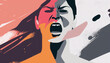 Closeup portrait of a screaming and angry woman. Gender violence concept. Generative AI