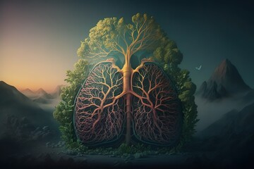 Beautiful tree growing with a shape as human lungs in a beautiful natural landscape. Generative AI