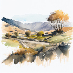 Wall Mural - New Zealand Countryside Watercolour Landscape Green Brown Tree Grass Field Summer Rural Nature Generative AI Tools Technology illustration