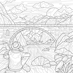 Wall Mural - A man looks at a waterfall and a bridge.Coloring book antistress for children and adults. Illustration isolated on white background.Zen-tangle style. Hand draw