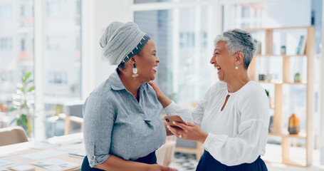 Aufkleber - Business, women and friends with smartphone for social media, connectivity and office. Employee, manager and phone for communication, laughing and connection in workplace, advertising and marketing.