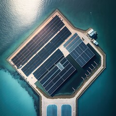 Sticker - Aerial view floating solar cell power plant with solar cell generate the electric on the lake, Floating solar panels and cell platform on the water ecological energy, generative ai