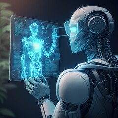 Canvas Print - AI humanoid robot holding hologram screen demonstrates global communication network concept, generative ai