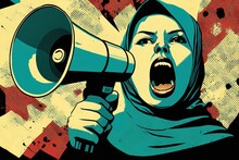 Women Rights Concept Illustration Of An Arabic Women Screaming Into A Bullhorn