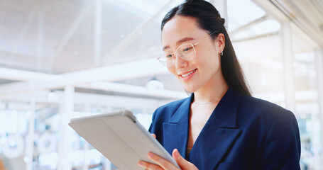 Poster - Business woman, tablet and technology, typing email for company communication or digital report. Internet, wifi and ux, networking and Asian employee with smile and inspiration in Japan office