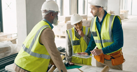Aufkleber - Communication, management and construction worker team for collaboration and building renovation teamwork on a tablet software app. Industry civil engineering contractor meeting planning development