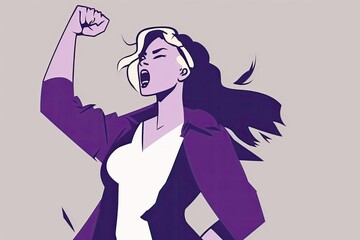 Wall Mural - Woman cartoon character with purple clothes, smiling and with arm straight and raised. Generative AI