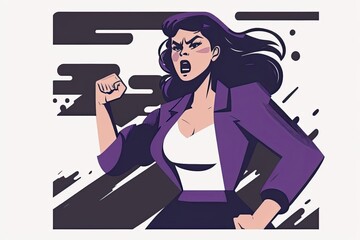 Wall Mural - Woman cartoon character with purple clothes, smiling and with arm straight and raised. Generative AI