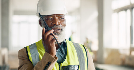 Wall Mural - Senior engineer, walkie talkie and black man at construction site talking, speaking or working. Communication, radio tech and elderly architect from Nigeria in discussion or chat on building project