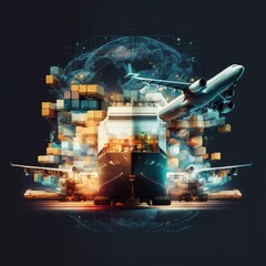 Poster - global logistic network distribution and transportation intelligent logistics of truck airplane and train container cargo ship, Logistic industry and import export, generative ai