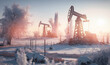 Oil pumps on frosty winter landscape with sun light . Fuel, petroleum industry equipment with snow. Generation AI