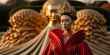 A Beautiful Women Wearing Traditional Chinese Red Costume In Front Of The Forbidden City Palace. Chinese Wedding Dress Concept. Generative AI