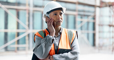 Poster - Phone call, engineer manager and woman worker happy talking on smartphone at construction site. Architecture management leader, industrial building worker and online mobile communication conversation