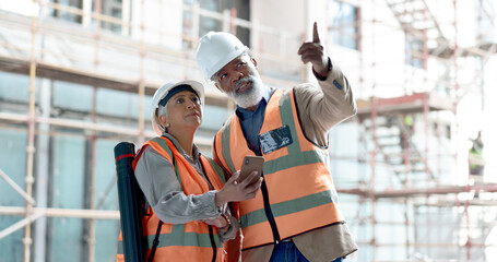 Poster - Engineer, building construction and phone with inspection workers talking and planning on internet, innovation and vision development. Site, project and technology with architect man and woman team