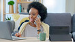 © Lumeez/peopleimages.com - Woman, call and laptop budget planning conversation with online financial consultant to help with taxes on living room sofa. Black woman, work from home and remote internet fintech banking consulting