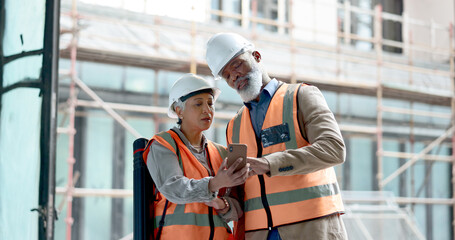 Poster - Engineer, building construction and phone with inspection workers talking and planning on internet, innovation and vision development. Site, project and technology with architect man and woman team