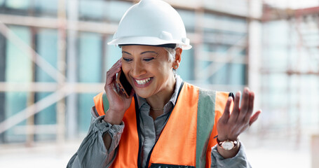 Poster - Construction site, contractor and happy woman developer phone call planning for logistics, industrial engineering and city project management. Laughing mature architect manager talking on smartphone