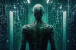 © David - A human like android AI learning and growing, collecting data from servers with green neon glow. Generative ai.