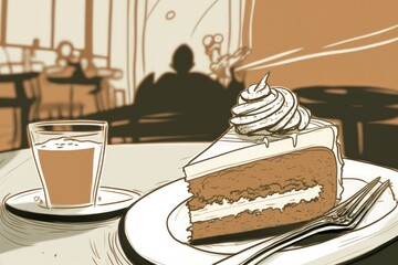 Sticker - Cake and coffee in a cafe, high key, shallow DOF. Generative AI