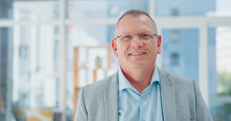 Poster - Elderly businessman, face and smile for vision, career ambition or corporate success at the office. Portrait of senior man CEO smiling in confidence with glasses for creative business startup at work