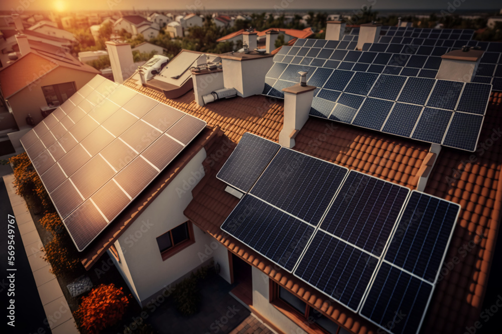 Photovoltaic solar panels mounted on building roof for producing clean ...