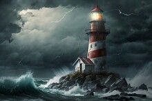 Lighthouse In The Sea Storm With Big Waves. Generative AI