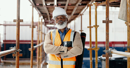 Poster - Construction, building and mature architect with design, vision and idea for development while working at a construction site. Portrait of elderly industrial worker with arms crossed for architecture