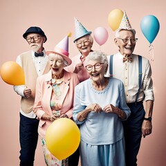 Crazy birthday party for older people, grandparents. Pensioners with birthday caps and balloons celebrate their jubilee birthday. Illustration, Generative AI.