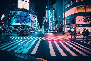 Sticker - Neon night city Shibuya crossing in Tokyo. Generative AI