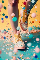 fashionable pastel vintage concept of women's footwear, autumn shoes, legs on which pastel confetti 