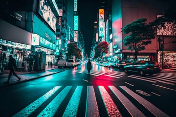 Sticker - Neon night city Shibuya crossing in Tokyo. Generative AI