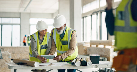 Poster - Engineer, architect and business people on tablet for construction, strategy or project plan at work. Team of contractors working together on architecture planning or discussion on touchscreen