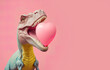 Illustrated dinosaur party concept, small cute dinosaur with birthday heart balloon having fun, balloons on pastel background. Party animal. Illustration, Generative AI.