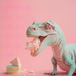 © Uncanny Valley - Illustrated dinosaur party concept, small cute dinosaur with birthday cake having fun, confetti and balloons on pastel background. Party animal. Illustration, Generative AI.