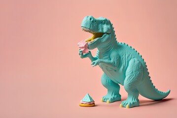 Wall Mural - Illustrated dinosaur party concept, small cute dinosaur with birthday cake having fun, confetti and balloons on pastel background. Party animal. Illustration, Generative AI.