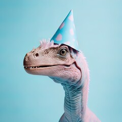 Wall Mural - Illustrated dinosaur party concept, small cute dinosaur with birthday cap having fun, confetti and balloons on pastel background. Party animal. Illustration, Generative AI.