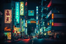 Neon Night City Street In Tokyo. Generative AI