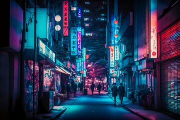 Sticker - Neon night city street in Tokyo. Generative AI