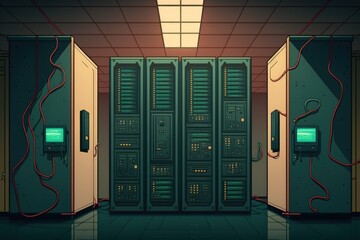 Sticker - An intimidating data center with server racks. Generative AI