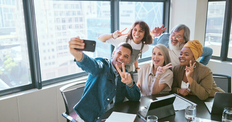 Poster - Peace sign, friends and selfie with business people and phone for teamwork, diversity and support. Social media, community and technology with employee in startup for internet, creative or networking