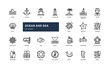 Ocean and sea detailed outline icons set with illustrations of marine life, underwater scenes, and ocean-themed symbols. 
