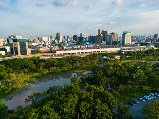 Wall Mural - Aerial view city public park blue sky evening sunset Chatuchak park