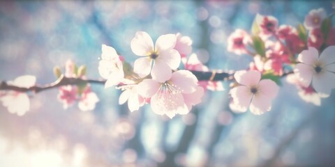  Spring white pink blossom tree blooming on nature with close up view and soft bokeh background, generated with AI