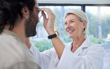 Wall Mural - Optometrist, woman and helping customer, eye and glasses in store for vision, eyesight or lenses. Face of happy optician, new frames and consulting services in retail shop, analysis and clinic choice