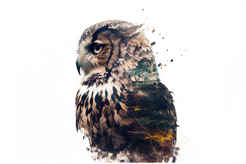 Fototapete - Wild beautiful owl double exposure with inks and splatters on white background.
Digitally generated AI image