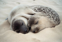 A Baby Seal Pup Cuddling With Its Mother On A Beach - Generative AI